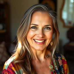 A mature woman with oiled hair, exuding confidence and grace