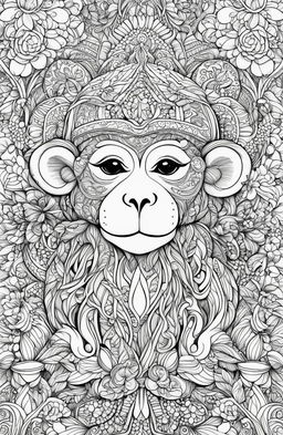 A high-resolution, simplified coloring page featuring a charming monkey in the style of Johanna Basford