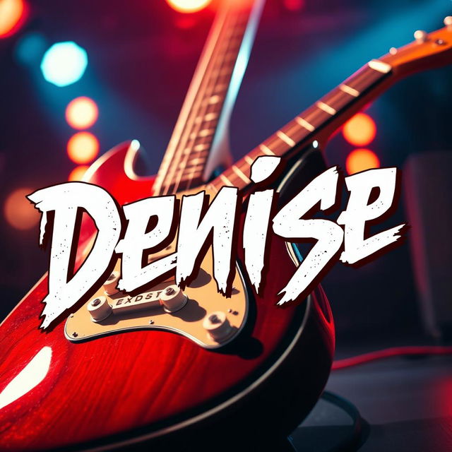 A vibrant rock-themed composition featuring the name 'Denise' artistically designed with bold, edgy typography