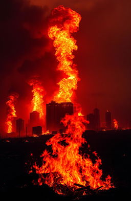 A dramatic scene of a post-apocalyptic landscape engulfed in flames, with towering infernos illuminating the dark sky
