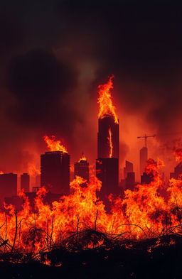 A dramatic scene of a post-apocalyptic landscape engulfed in flames, with towering infernos illuminating the dark sky