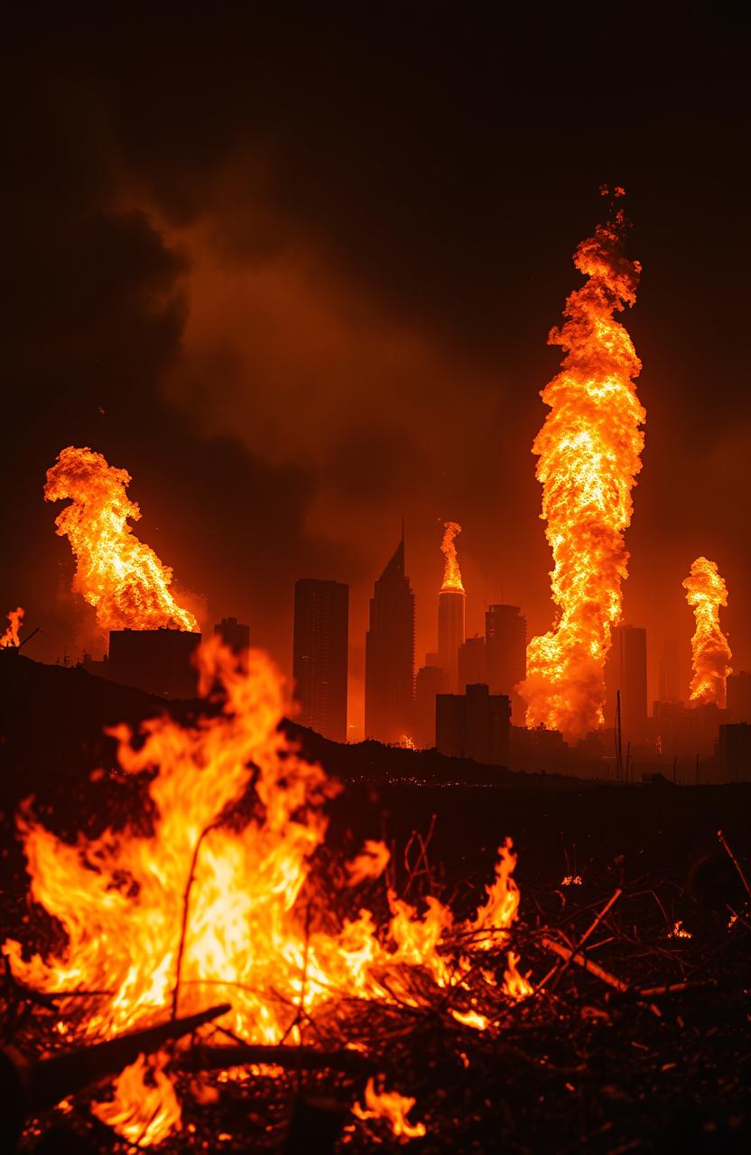 A dramatic scene of a post-apocalyptic landscape engulfed in flames, with towering infernos illuminating the dark sky