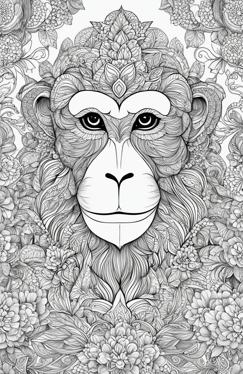 A high-resolution, simplified coloring page featuring a charming monkey in the style of Johanna Basford