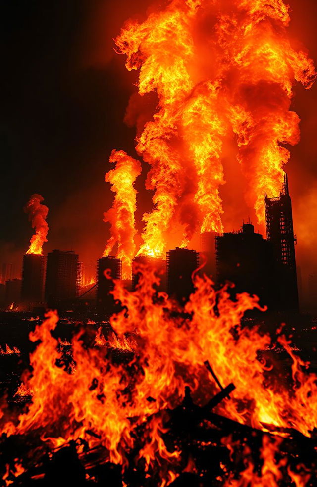 A dramatic scene of a post-apocalyptic landscape engulfed in flames, with towering infernos illuminating the dark sky