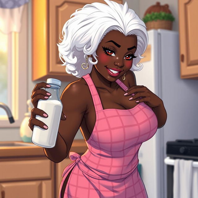 A sexy anime-style illustration of a Black American grandmother with striking white hair