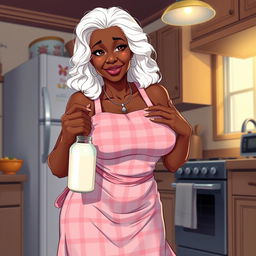 A sexy anime-style illustration of a Black American grandmother with striking white hair