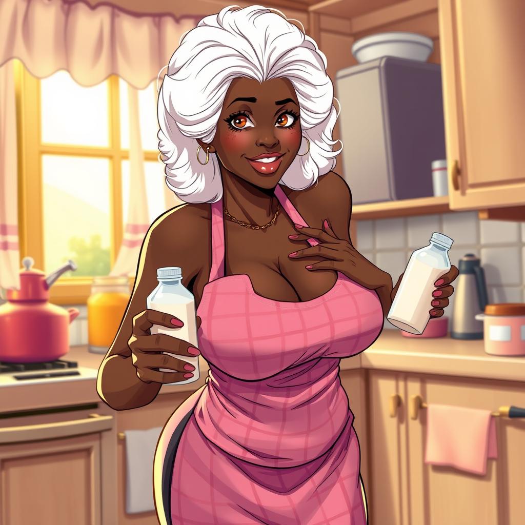 A sexy anime-style illustration of a Black American grandmother with striking white hair