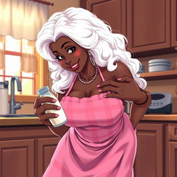 A sexy anime-style illustration of a Black American grandmother with striking white hair