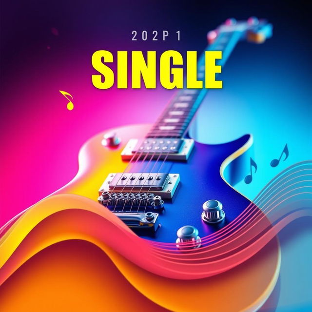 A striking single cover design for a music track, featuring a close-up of an electric guitar with vibrant colors such as deep blue and electric yellow, set against a gradient background that transitions from dark purple to soft pink