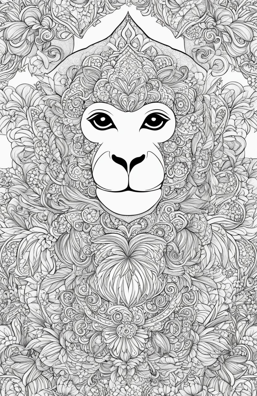 A high-resolution, simplified colouring page featuring a charming monkey, inspired by the style of Johanna Basford