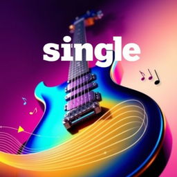 A striking single cover design for a music track, featuring a close-up of an electric guitar with vibrant colors such as deep blue and electric yellow, set against a gradient background that transitions from dark purple to soft pink