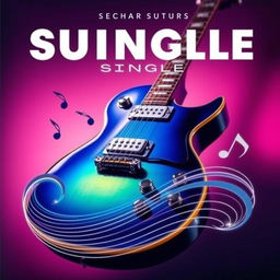A striking single cover design for a music track, featuring a close-up of an electric guitar with vibrant colors such as deep blue and electric yellow, set against a gradient background that transitions from dark purple to soft pink