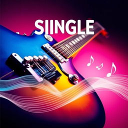A striking single cover design for a music track, featuring a close-up of an electric guitar with vibrant colors such as deep blue and electric yellow, set against a gradient background that transitions from dark purple to soft pink