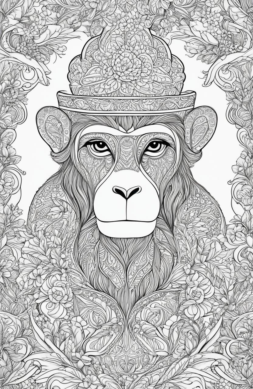 A high-resolution, simplified colouring page featuring a charming monkey, inspired by the style of Johanna Basford