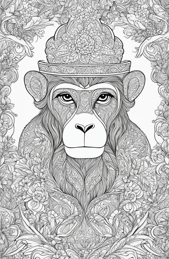 A high-resolution, simplified colouring page featuring a charming monkey, inspired by the style of Johanna Basford