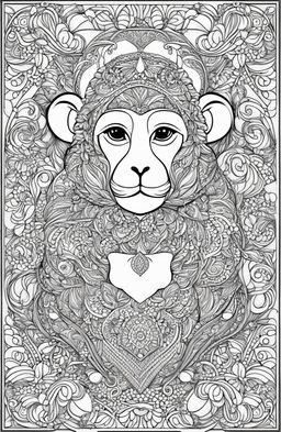 A high-resolution, simplified colouring page featuring a charming monkey, inspired by the style of Johanna Basford