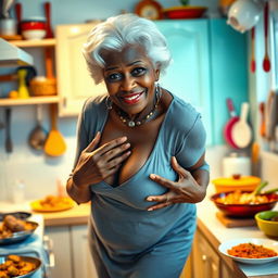 A sexy black American grandmother with striking white hair and a seductive facial expression, bent over playfully in a vibrant kitchen, her curvy silhouette accentuated as she poses with her hands on her ample breasts