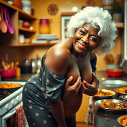 A sexy black American grandmother with striking white hair and a seductive facial expression, bent over playfully in a vibrant kitchen, her curvy silhouette accentuated as she poses with her hands on her ample breasts