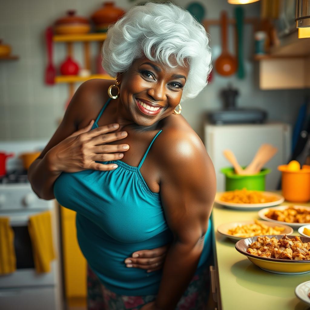 A sexy black American grandmother with striking white hair and a seductive facial expression, bent over playfully in a vibrant kitchen, her curvy silhouette accentuated as she poses with her hands on her ample breasts