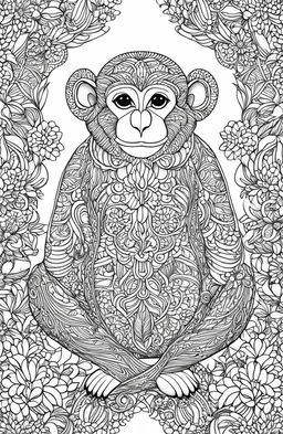 A high-resolution, simplified colouring page featuring a charming monkey, inspired by the style of Johanna Basford