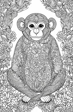 A high-resolution, simplified colouring page featuring a charming monkey, inspired by the style of Johanna Basford