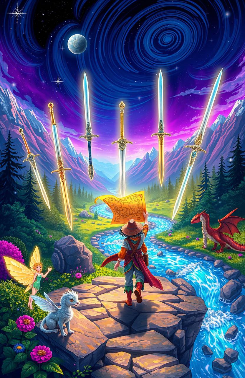 A magical journey in a stunning, vibrant world, where a brave adventurer quests to find twelve legendary swords