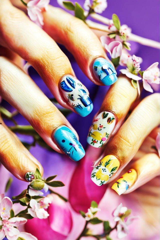 A high-definition, editorial-style photograph of hands displaying advanced Easter-themed nail art