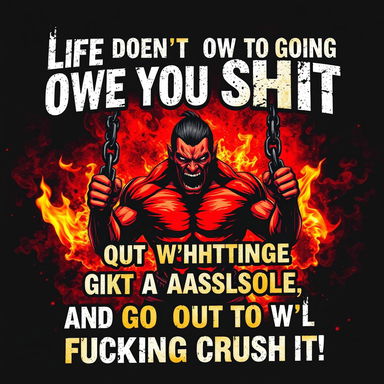 A bold and edgy artwork featuring the phrase: 'Life doesn’t owe you shit—so stop acting like a bastard, quit whining like an asshole, and go out there to fucking crush it!' Displayed in sharp typography with distressed textures