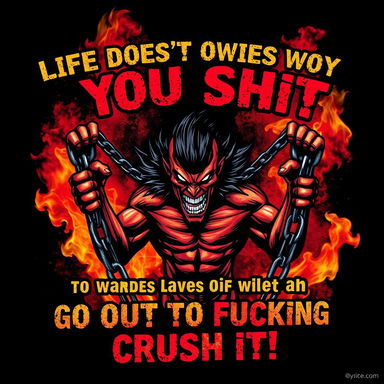 A bold and edgy artwork featuring the phrase: 'Life doesn’t owe you shit—so stop acting like a bastard, quit whining like an asshole, and go out there to fucking crush it!' Displayed in sharp typography with distressed textures