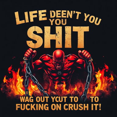 A bold and edgy artwork featuring the phrase: 'Life doesn’t owe you shit—so stop acting like a bastard, quit whining like an asshole, and go out there to fucking crush it!' Displayed in sharp typography with distressed textures