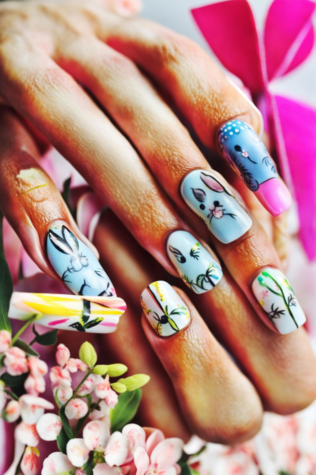 A high-definition, editorial-style photograph of hands displaying advanced Easter-themed nail art