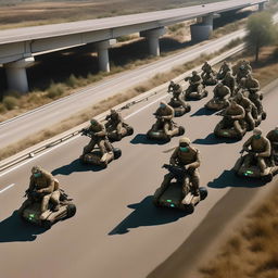 aerial view 10 combatants, in military camouflage, flying on hover-boards in the sky, next to a  one-lane freeway, all combatants are armed with assault rifles and clad in skeleton face mask and normal bullet proof vests