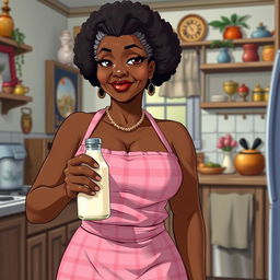 A sexy, anime-style Black American grandmother with large breasts, wearing only a pink plaid apron, standing confidently in a well-decorated kitchen