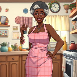 A sexy, anime-style Black American grandmother with large breasts, wearing only a pink plaid apron, standing confidently in a well-decorated kitchen