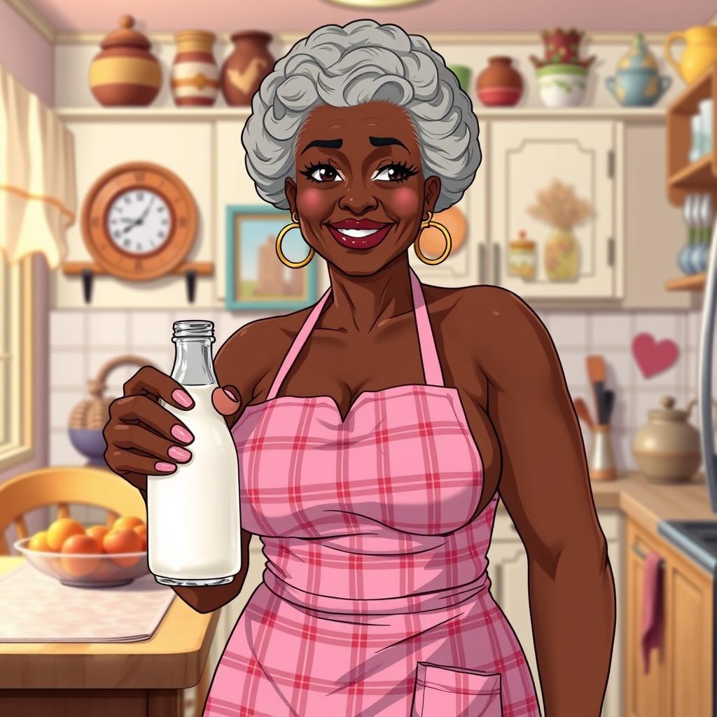 A sexy, anime-style Black American grandmother with large breasts, wearing only a pink plaid apron, standing confidently in a well-decorated kitchen