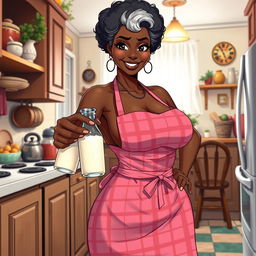 A sexy, anime-style Black American grandmother with large breasts, wearing only a pink plaid apron, standing confidently in a well-decorated kitchen