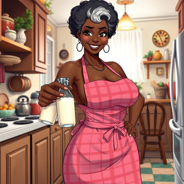 A sexy, anime-style Black American grandmother with large breasts, wearing only a pink plaid apron, standing confidently in a well-decorated kitchen