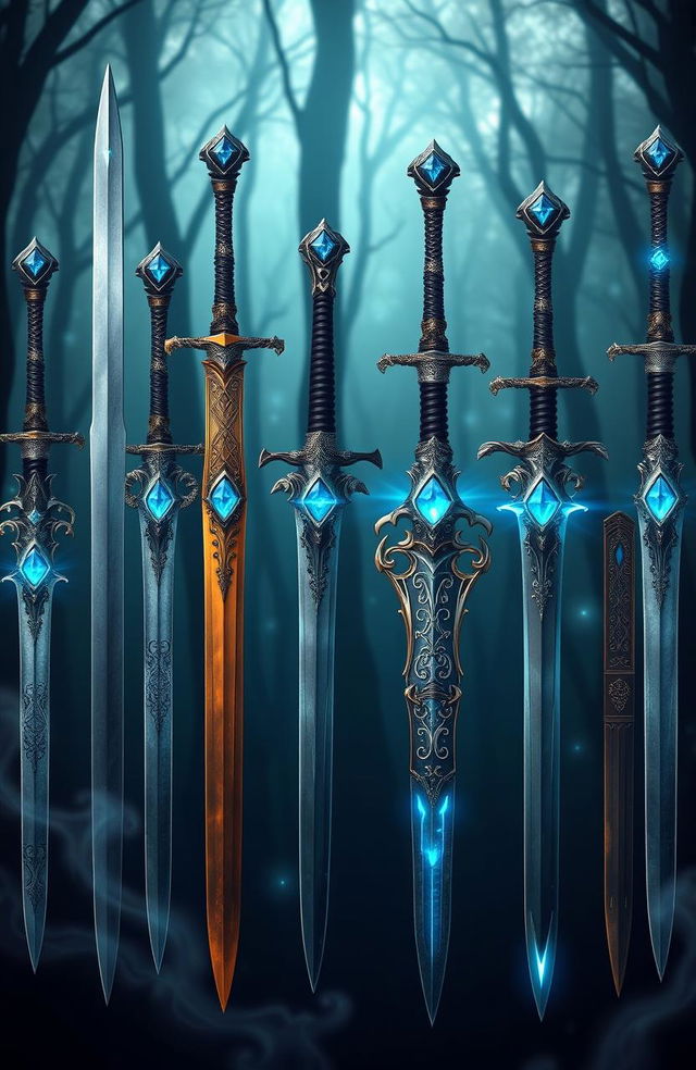 Twelve enchanting swords displayed in an array, each featuring a striking blue gem set in the hilt