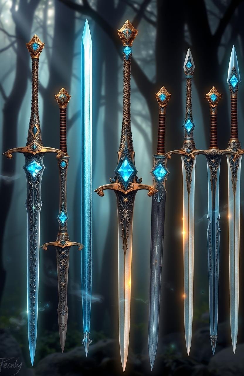 Twelve enchanting swords displayed in an array, each featuring a striking blue gem set in the hilt