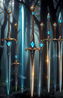 Twelve enchanting swords displayed in an array, each featuring a striking blue gem set in the hilt