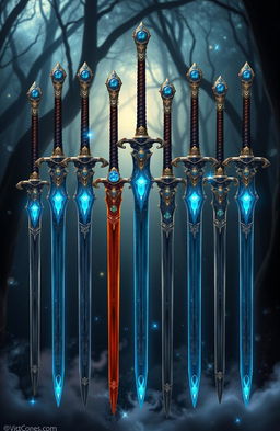 Twelve enchanting swords displayed in an array, each featuring a striking blue gem set in the hilt