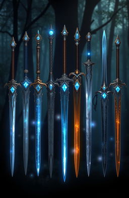 Twelve enchanting swords displayed in an array, each featuring a striking blue gem set in the hilt