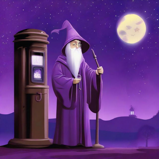 A digital art piece depicts a wizard, dressed in a traditional purple robe, repairing an old, rusted gas pump with a wrench and his magical staff under a starlit sky