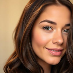 A close-up portrait of a young woman with beautifully styled oiled hair, showcasing its glossy texture