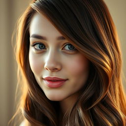 A close-up portrait of a young woman with beautifully styled oiled hair, showcasing its glossy texture