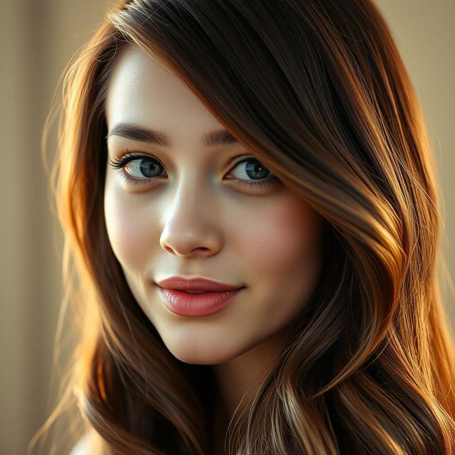 A close-up portrait of a young woman with beautifully styled oiled hair, showcasing its glossy texture