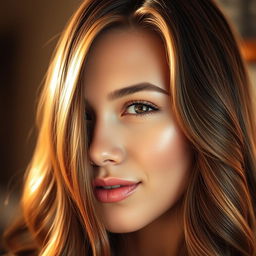 A close-up portrait of a young woman with beautifully styled oiled hair, showcasing its glossy texture