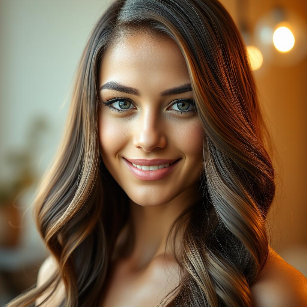 A close-up portrait of a young woman with beautifully styled oiled hair, showcasing its glossy texture