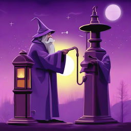 A digital art piece depicts a wizard, dressed in a traditional purple robe, repairing an old, rusted gas pump with a wrench and his magical staff under a starlit sky