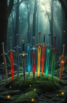 A stunning display of twelve magical swords arranged in a perfect circle, each sword unique with intricate designs and glowing runes along the blades